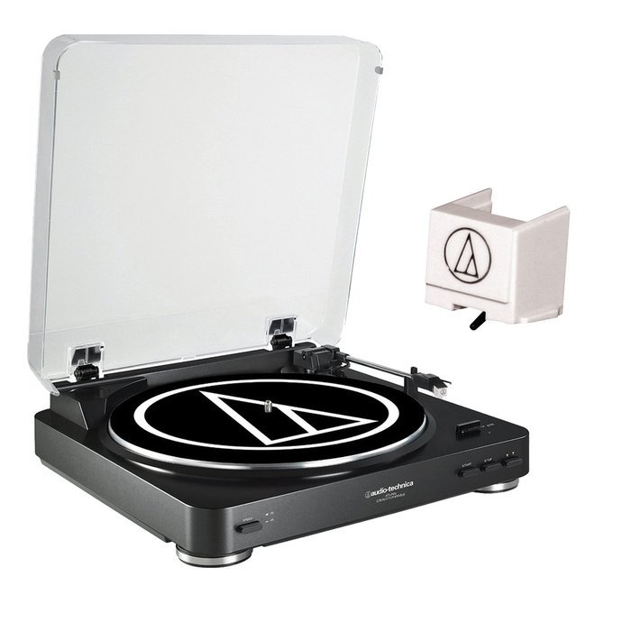 Audio Technica AT-LP60BK Black Turntable + Replacement Stylus ATN3600L + K&M Cloth (2 items)