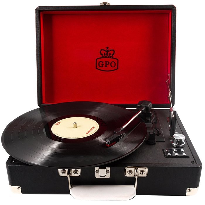 GPO Attache Briefcase Style 3-Speed Portable Vinyl Turntable with Built-in Stereo Speakers and USB Stick for Recording... N23
