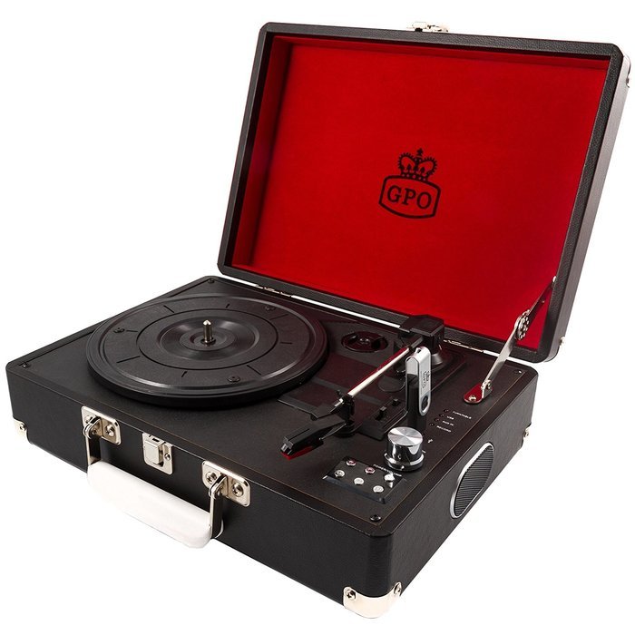 GPO Attache Briefcase Style 3-Speed Portable Vinyl Turntable with Built-in Stereo Speakers and USB Stick for Recording... N24