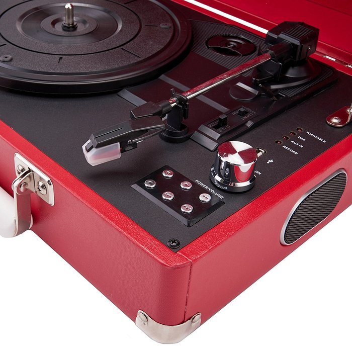 GPO Attache Briefcase Style 3-Speed Portable Vinyl Turntable with Built-in Stereo Speakers and USB Stick for Recording... N25