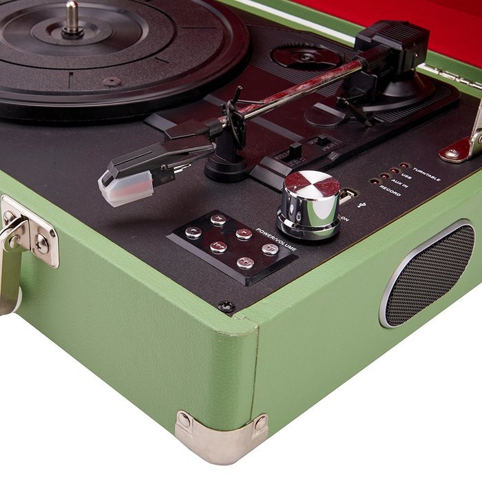 GPO Attache Briefcase Style 3-Speed Portable Vinyl Turntable with Built-in Stereo Speakers and USB Stick for Recording... N26