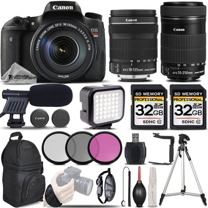 Canon EOS Rebel T6s Camera + Canon EF-S 18-135mm IS STM Lens + Canon EF-S 55-250mm IS STM Lens + Shotgun Microphone...