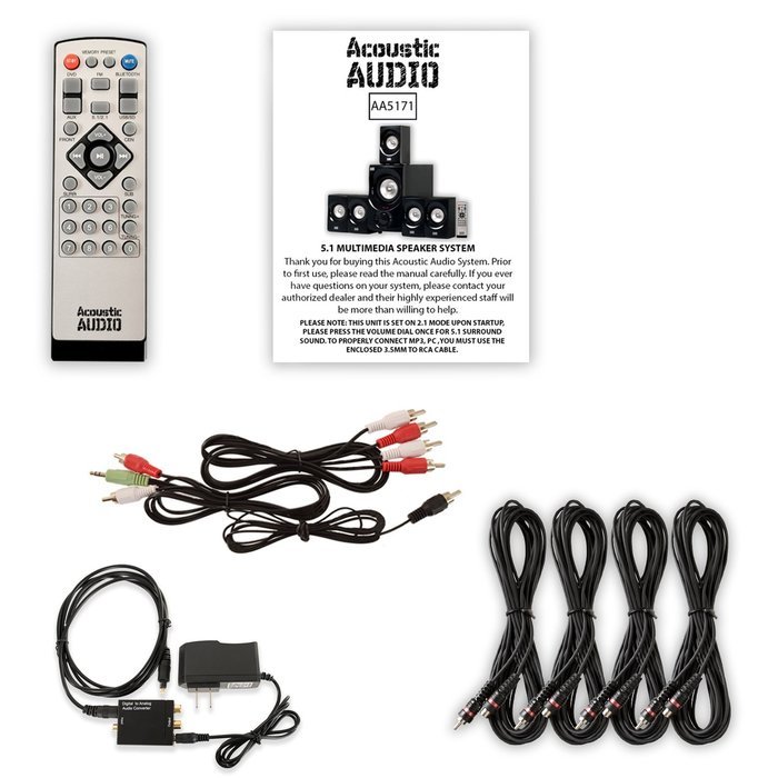Acoustic Audio AA5171 Home 5.1 Bluetooth Speaker System with Optical Input and 4 Extension Cables N2