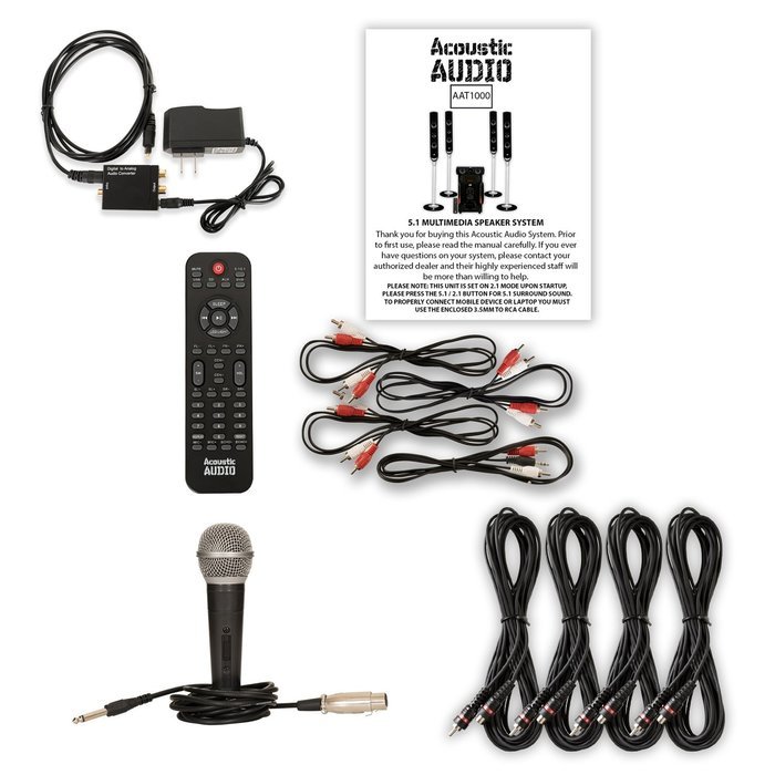 Acoustic Audio AAT1000 Tower 5.1 Speaker System with Optical Input Mic and 4 Extension Cables