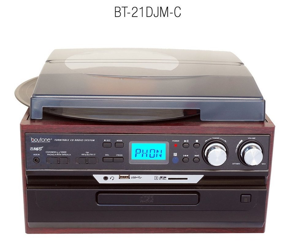 7-in-1 Boytone BT-21DJM-C 3 Speed Turntable 33/45/78 Rpm, Belt Drive, CD, Cassette Player AM/FM/ USB/SD Slot,... N5