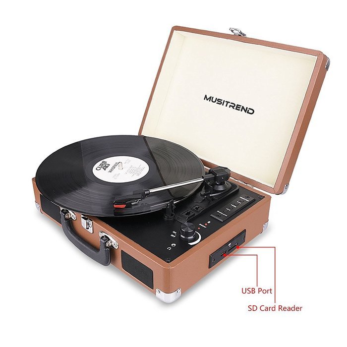 Musitrend Bluetooth Turntable Portable Suitcase Record Player with Built-in Speakers, USB/SD Recorder, Rechargable... N5