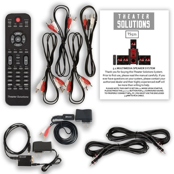 Theater Solutions TS521 Home 5.1 Speaker System with Bluetooth Optical Input and 2 Ext. Cables