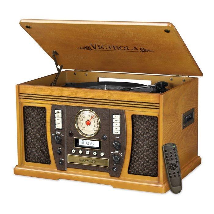 Victrola VTA-750B Nostalgic Aviator 7-in-1 Turntable Wooden Entertainment Center with Bluetooth, Oak N6