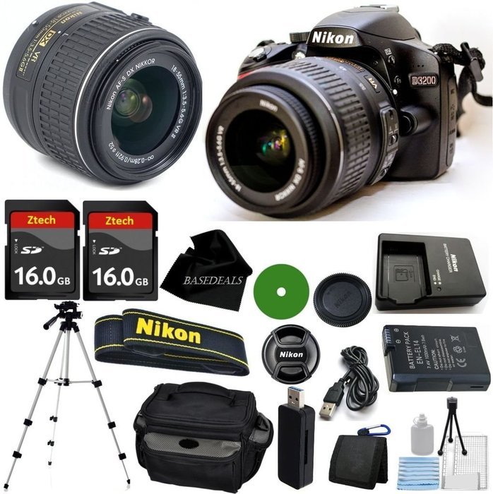 D3200 24.2 MP CMOS Digital SLR, NIKKOR 18-55mm f/3.5-5.6 Auto Focus-S DX VR, 2pcs 16GB BaseDeals Memory, Camera...
