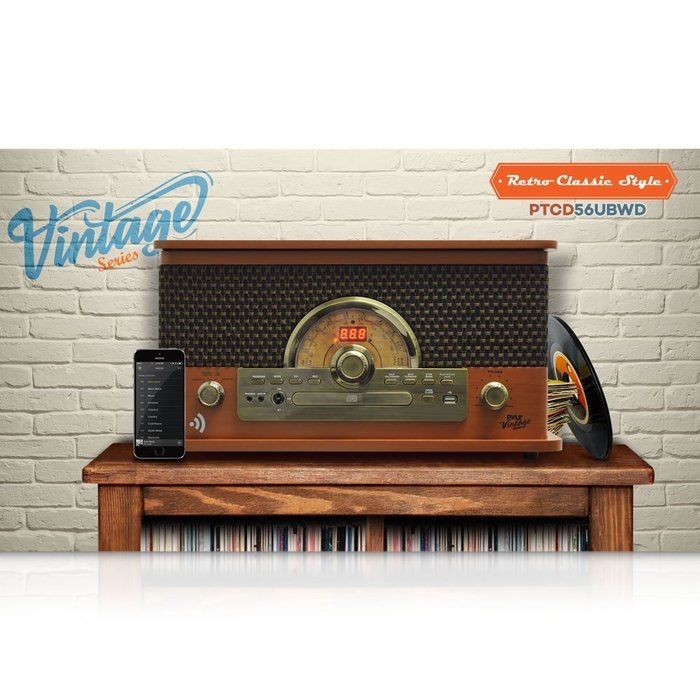 Pyle PTCD56UBGR record player stereo system Turntable stereo system for home CD Bluetooth Wireless audio USB Recording... N8