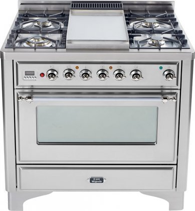 Ilve UM-90F-DMP-I-X 36" Majestic Series Dual Fuel Range with 3.55 cu. ft. Oven Capacity 5 Burners Removable Griddle...