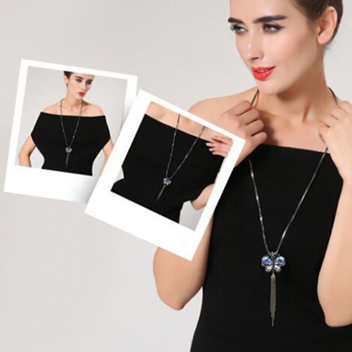 Women's Tassel Necklace Rhinestone Blue Butterfly Pendant Long Chain Divine N4