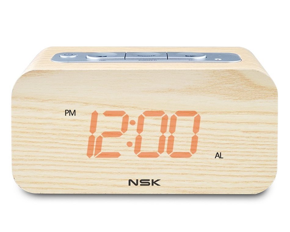 NSK Wood Grain Clock Radio Stereo Audio Speaker Dual Alarm Sleep Memory Function N4