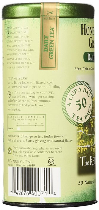 The Republic Of Tea Honey Ginseng Green Tea, 50 Tea Bags, Relaxing Chinese Green Tea Gourmet Blend N5