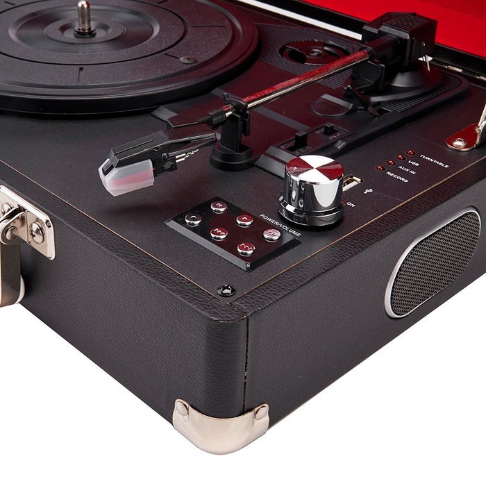 GPO Attache Briefcase Style 3-Speed Portable Vinyl Turntable with Built-in Stereo Speakers and USB Stick for Recording... N29