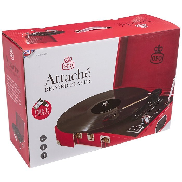 GPO Attache Briefcase Style 3-Speed Portable Vinyl Turntable with Built-in Stereo Speakers and USB Stick for Recording... N32