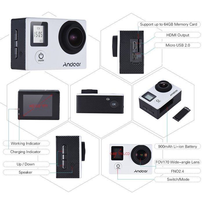Andoer 4K 30fps/1080P 60fps Full HD 16MP Action Camera Waterproof 30m WiFi 2.0"LCD Sports Helmet Bike DV Cam Camcorder...