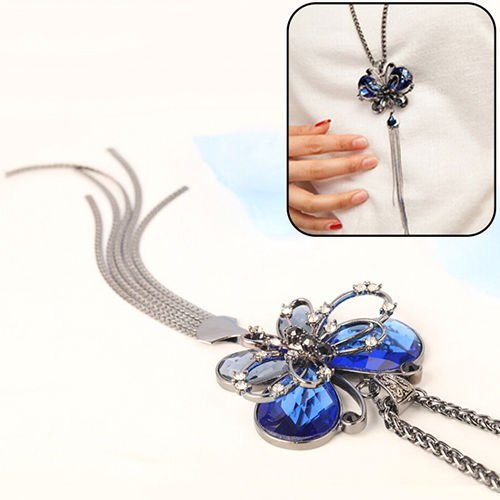 Women's Tassel Necklace Rhinestone Blue Butterfly Pendant Long Chain Divine N5