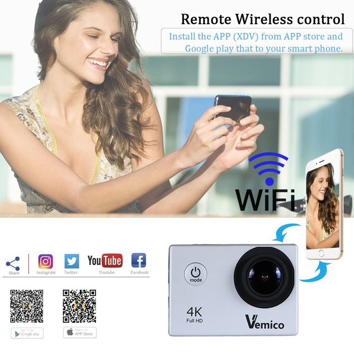 Vemico Action Camera 4K30FPS 16MP WIFI 2.0 Inch Screen Waterproof Sports Helmet Cam with Extra 1050 mAh Battery... N8