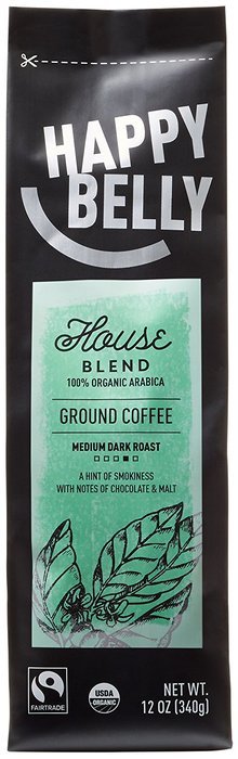 Happy Belly House Blend Organic Fairtrade Coffee, Medium Dark Roast, Ground, 12 ounce N12
