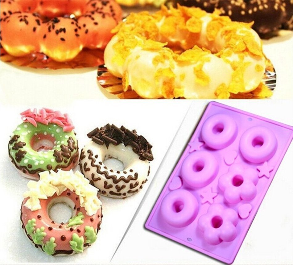 yueton 6 Cavity Silicone Donut Pan Tray with Heart and Star Mold, Doughnut Maker, DIY Baking Tool Biscuit Cookie...