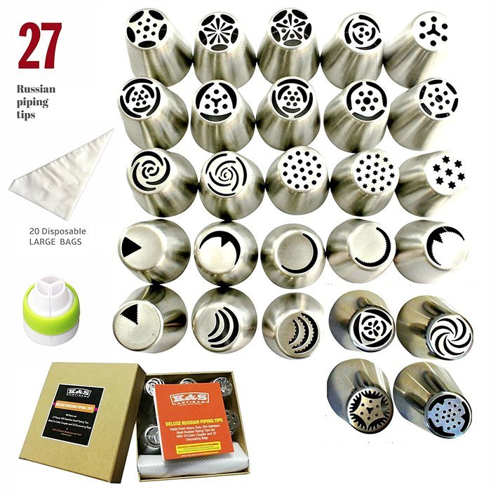 Russian Piping Tips 48pcs Set (27 XLarge nozzles 20 FREE disposable pastry bags tri coupler) 304 Stainless DELUXE...