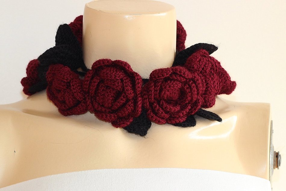 Burgundy Rose Scarf-Rose Crochet Scarf-Necklace Lariat Scarf- Burgundy and Black Scarf-Burgundy Neckwarmer-Vegan...