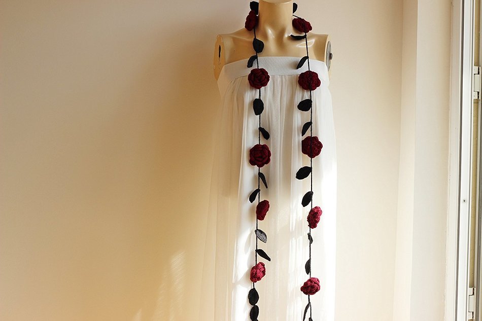 Burgundy Rose Scarf-Rose Crochet Scarf-Necklace Lariat Scarf- Burgundy and Black Scarf-Burgundy Neckwarmer-Vegan... N3