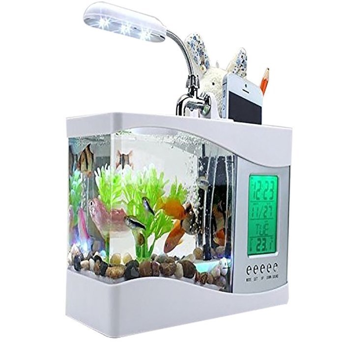 Taotuo USB Desktop Mini Fish Tank Aquarium LCD Timer Clock LED lamp Light White N2