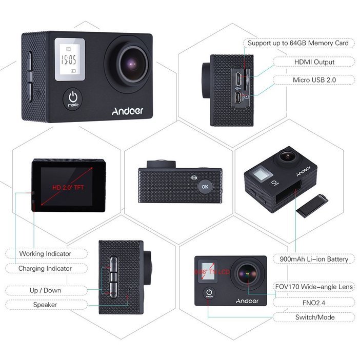 Andoer 4K 30fps/1080P 60fps Full HD 16MP Action Camera Waterproof 30m WiFi 2.0"LCD Sports Helmet Bike DV Cam Camcorder... N7