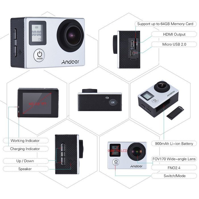 Andoer 4K 30fps/1080P 60fps Full HD 16MP Action Camera Waterproof 30m WiFi 2.0"LCD Sports Helmet Bike DV Cam Camcorder... N8