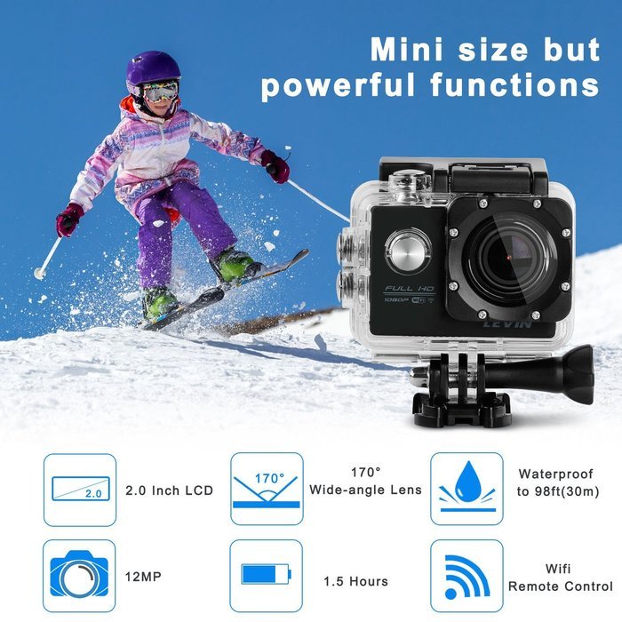 Sports Camera, Levin Action Camera 2.0 Inch 170 Degree Ultra-wide Angle Lens Full HD 1080p 12MP WiFi Remote Control... N3