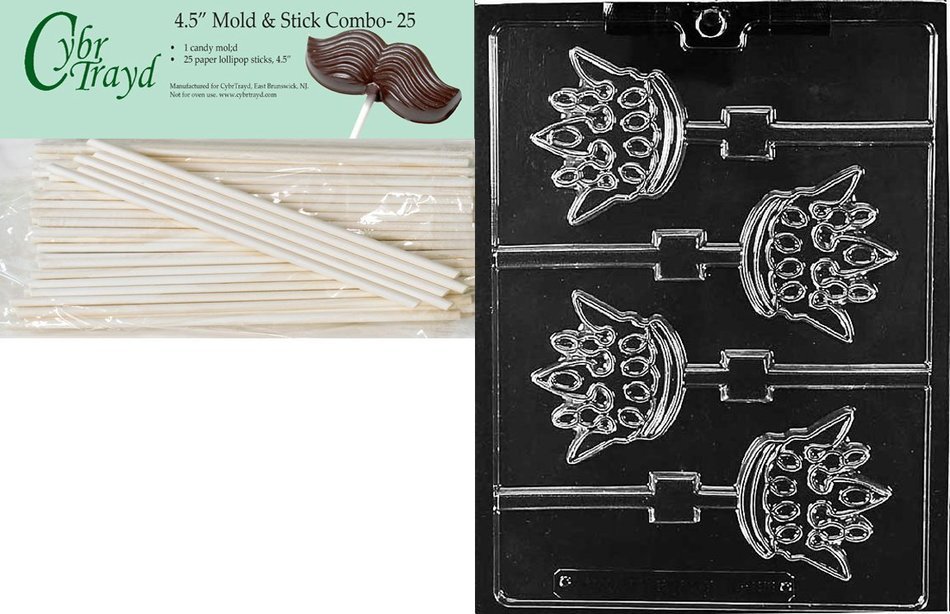 Cybrtrayd 45St25-K156 Crown Lollys Kids Chocolate Candy Mold with 25 Cybrtrayd 4.5-Inch Lollipop Sticks