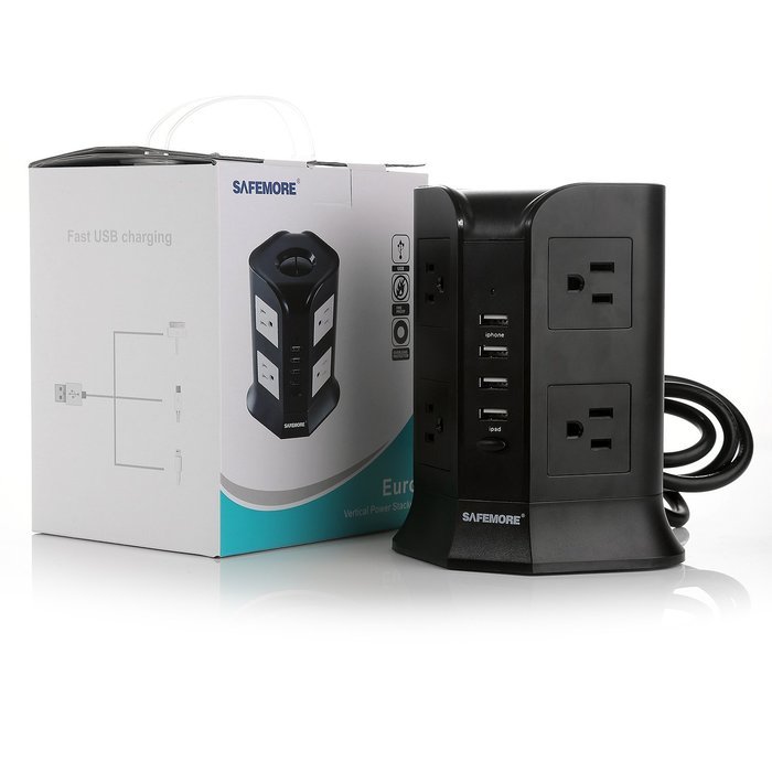 ISelector Charging Station with 4 USB, 8 AC Outlet and Power Cord 6.5 Feet (Black) N4