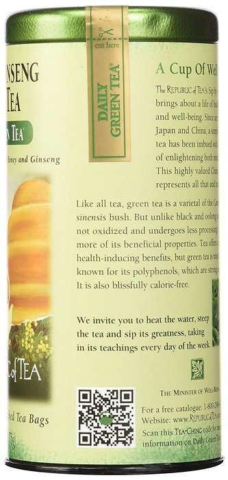 The Republic Of Tea Honey Ginseng Green Tea, 50 Tea Bags, Relaxing Chinese Green Tea Gourmet Blend N8