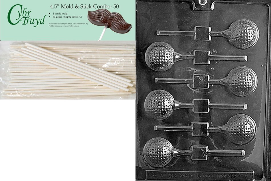Cybrtrayd 45St50-S071 Golf Ball Lolly Sports Chocolate Candy Mold with 50-Pack 4.5-Inch Lollipop Sticks