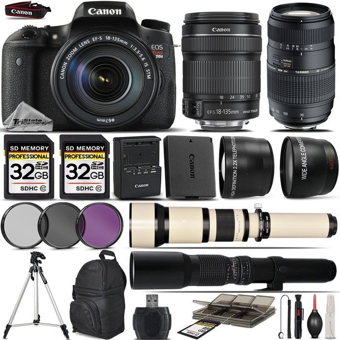 Canon EOS Rebel T6s DSLR Wi-Fi Camera + Canon 18-135mm IS STM Lens + Tamron 70-300mm Di LD Telephoto Macro Lens... N8