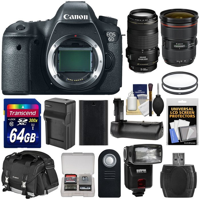 Canon EOS 6D Digital SLR Camera Body with 24-70mm f/2.8 L II & 70-300mm IS Lenses + 64GB Card + Case + Flash +... N6