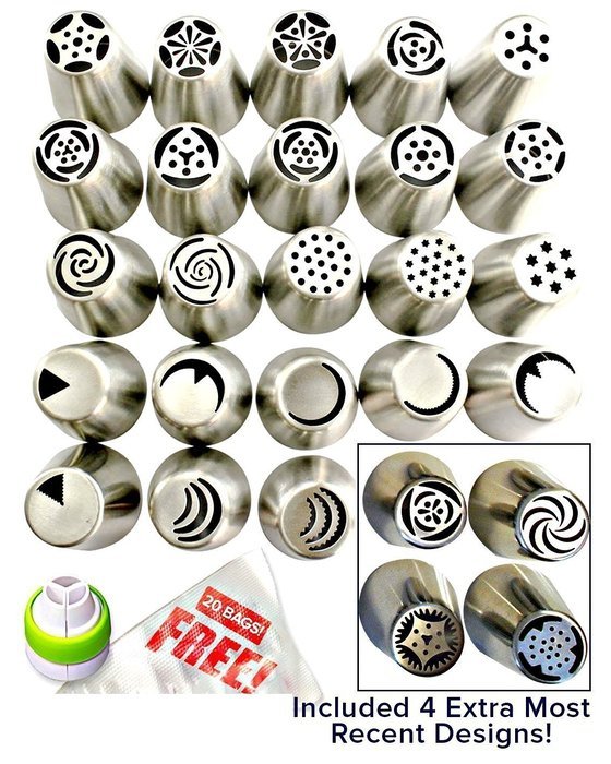 Russian Piping Tips 48pcs Set (27 XLarge nozzles 20 FREE disposable pastry bags tri coupler) 304 Stainless DELUXE... N3