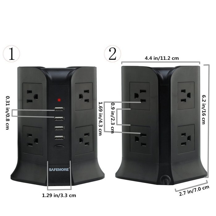 ISelector Charging Station with 4 USB, 8 AC Outlet and Power Cord 6.5 Feet (Black) N6