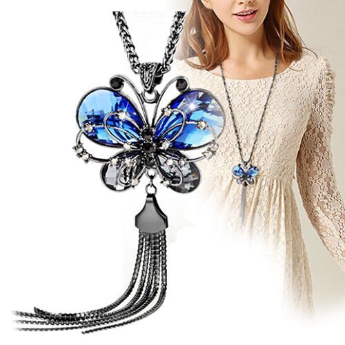Women's Tassel Necklace Rhinestone Blue Butterfly Pendant Long Chain Divine N6