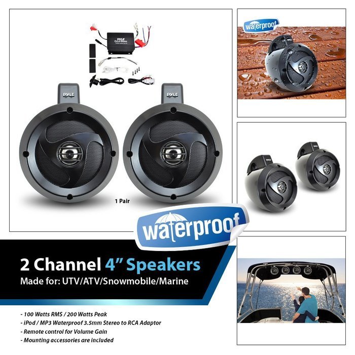 Pyle PLUTVA102 Waterproof Dual Wakeboard Speaker and Amplifier Sound System Kit, Includes (2) 4'' Marine Grade... N5