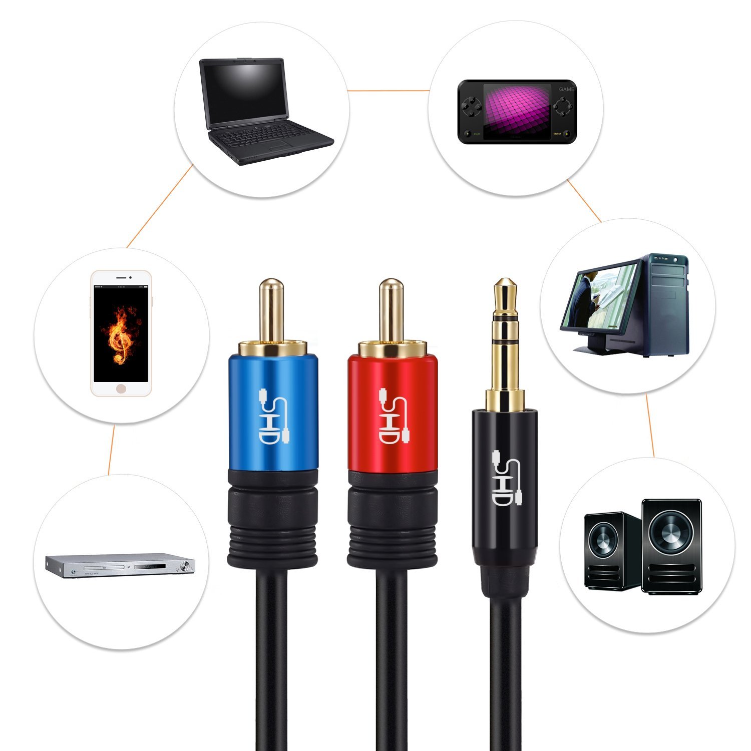 3.5mm To RCA Audio Cable - Gold Plated Aux To RCA Adapter For Speakers & Sound Systems