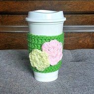 Crochet Coffee Sleeve - Green with Flower Appliques