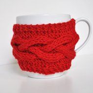 Gifts Under 10, Teacher Gift, Stocking Stuffer, Cabled cup cozy, mug hugger, coffee warmer, cup cozy Red N3