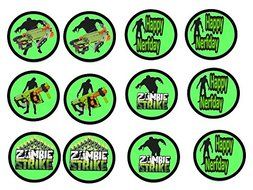 12 Nerf Zombie Strike Image Sheets Cupcake and Cookie Toppers (Wafer/Rice Paper)