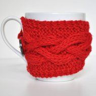 Gifts Under 10, Teacher Gift, Stocking Stuffer, Cabled cup cozy, mug hugger, coffee warmer, cup cozy Red N4
