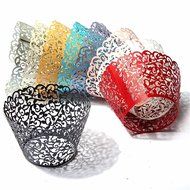 Yansanido 12 set pink Filigree Artistic Bake Little Vine Lace Laser Cut Cupcake Wrapper Cup Muffin Case Trays... N12