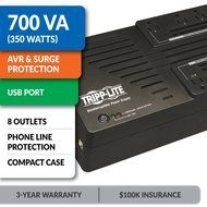 Tripp Lite 750VA UPS Battery Backup, 450W AVR Line Interactive, USB, Ultra-Compact (AVR750U) N5