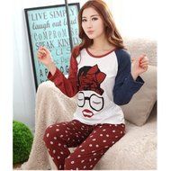 KAKA(TM) Women&#039;s Fashion Cartoon Pink Love Pure Cotton Pyjamas Homewear Sleepwear Set Long Sleeve Long Pants -XXL N2
